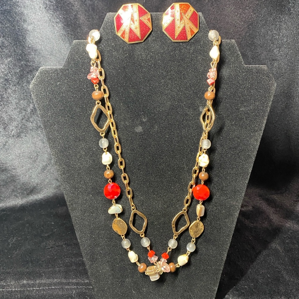 Vintage Gold Chain and Red Beaded Necklace and Earring Set